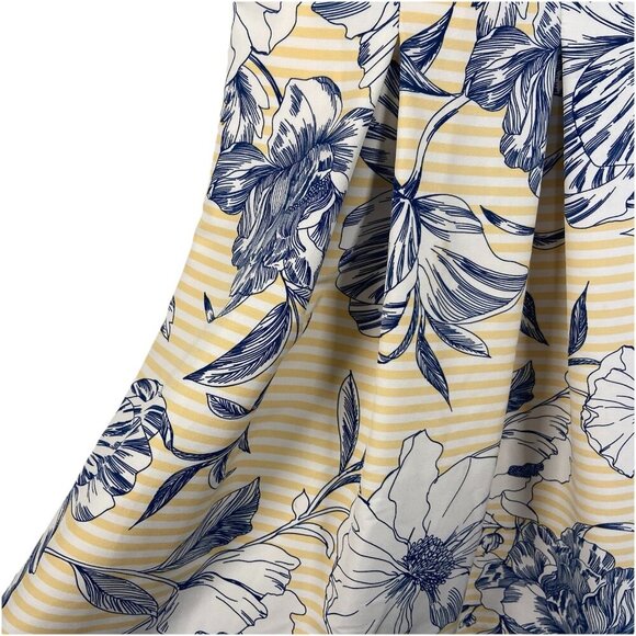 R & K Dress Yellow Stripes Blue Floral Pleated Skirt Knee Length Retro Size 14 - Picture 4 of 13